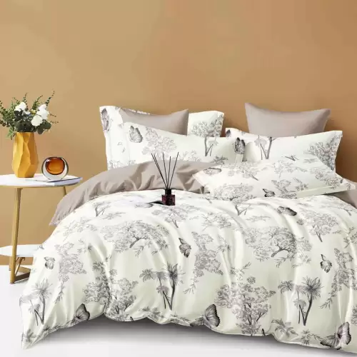 Lenjerie pat dublu, FINET, 6 piese, Jojo Home, Crem, Bej, flori, frunze, fluturi