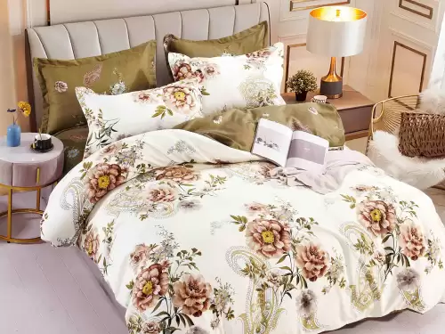 Lenjerie pat dublu, FINET, 6 piese, Jojo Home, Crem-Multicolor, flori