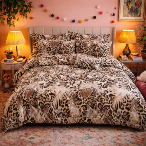 Lenjerie pat dublu, Finet, 6 piese, Maro, abstract, animal print