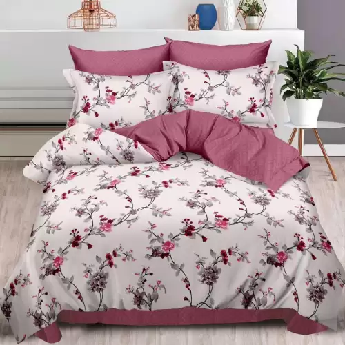 Lenjerie pat dublu, Finet, 6 piese, Purpuriu, flori