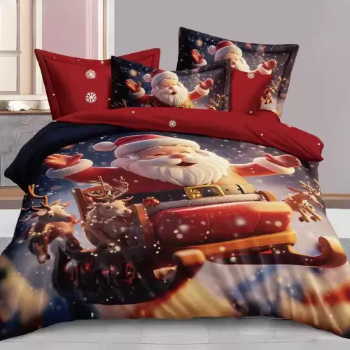 Lenjerie pat dublu, FINET, Digital Print, Craciun, Gri, Rosu, Multicolor, Mos Craciun cu sania