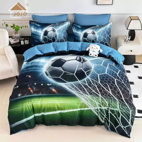 Lenjerie pat dublu, FINET, Imprimeu Digital 5D - Identic cu poza, Cu ELASTIC, 6 piese, Jojo Home, Albastru, Verde, Minge de Fotbal