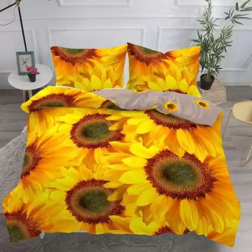 Lenjerie pat dublu, IMPRIMEU 3D DIGITAL, IDENTIC CU POZA, Galben, floarea soarelui