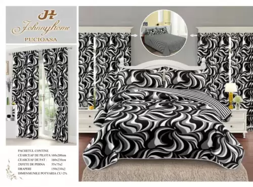Lenjerie Pat Single, FINET, 6 piese, cu 2 DRAPERII INCLUSE - Black White