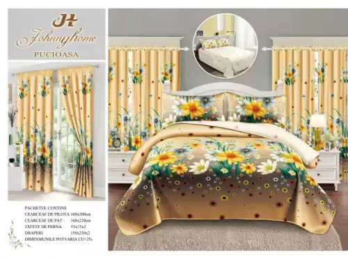 Lenjerie Pat Single, FINET, 6 piese, cu 2 DRAPERII INCLUSE - Camp de flori