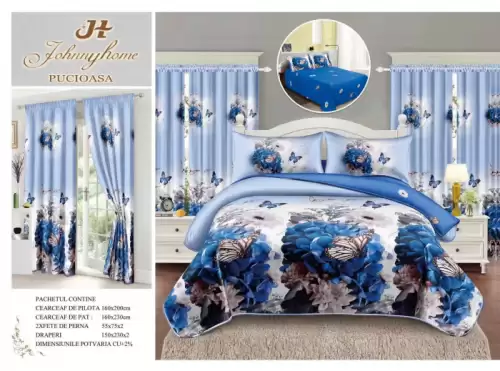 Lenjerie Pat Single, FINET, 6 piese, cu 2 DRAPERII INCLUSE - Fluturi Zambile