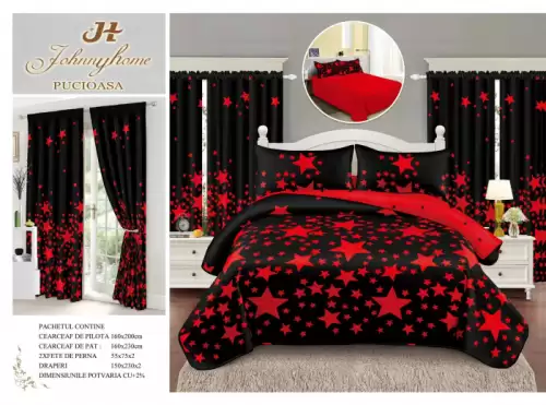 Lenjerie Pat Single, FINET, 6 piese, cu 2 DRAPERII INCLUSE - Stelute Rosii