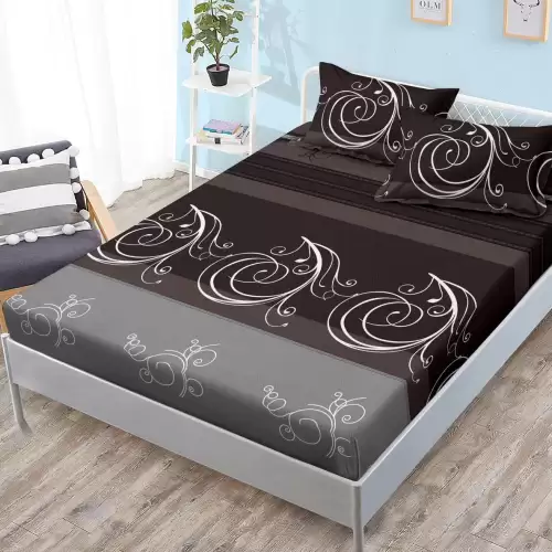 (OFERTA 3 la 159 Lei) Cearsaf cu elastic, FINET, 180x200cm, 2 fete de perne 50x70cm, Maro, dungi