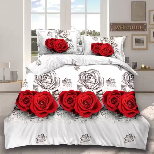 (OFERTA 3 la 199 Lei) Lenjerie pat dublu, 4 piese, IMPRIMEU 3D Multiplicat, Microfibra, Alb-Rosu, trandafiri