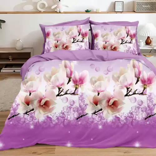 (OFERTA 3 la 199 Lei) Lenjerie pat dublu, 4 piese, IMPRIMEU 3D Multiplicat, Microfibra, Mov, magnolii
