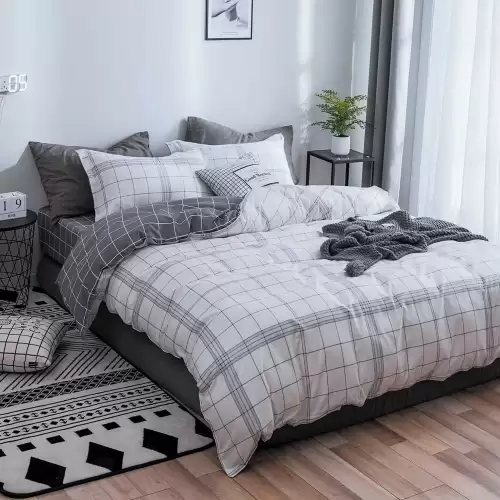 (OFERTA 3 la 199 Lei) Lenjerie pat dublu cu doua feţe, bumbac satinat, 4 piese, Alb, Gri, patratele