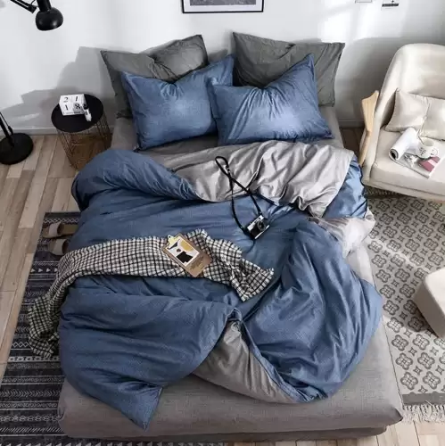 (OFERTA 3 la 199 Lei) Lenjerie pat dublu cu doua feţe, bumbac satinat, 4 piese, Albastru