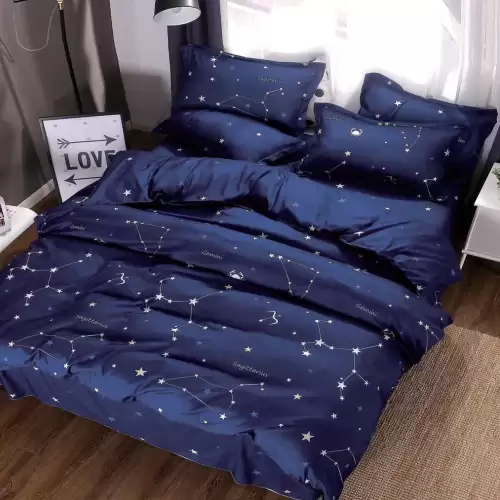 (OFERTA 3 la 199 Lei) Lenjerie pat dublu cu doua feţe, bumbac satinat, 4 piese, Bleumarin, stelute