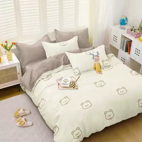 (OFERTA 3 la 199 Lei) Lenjerie pat dublu cu doua feţe, bumbac satinat, 4 piese,  Crem, ursuleti