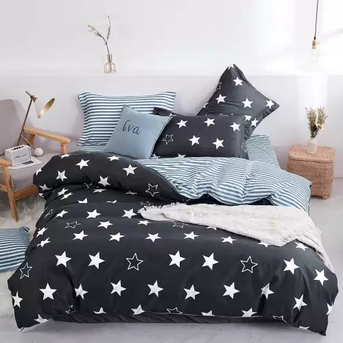 (OFERTA 3 la 199 Lei) Lenjerie pat dublu cu doua feţe, bumbac satinat, 4 piese, Gri, stelute