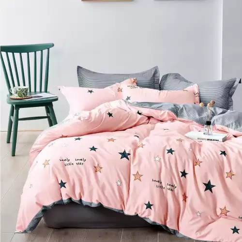 (OFERTA 3 la 199 Lei) Lenjerie pat dublu cu doua feţe, bumbac satinat, 4 piese, Roz, stelute