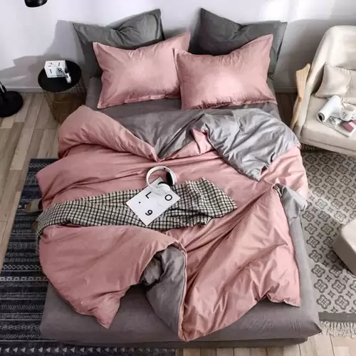 (OFERTA 3 la 199 Lei) Lenjerie pat dublu cu doua feţe, bumbac satinat, 4 piese, Roz