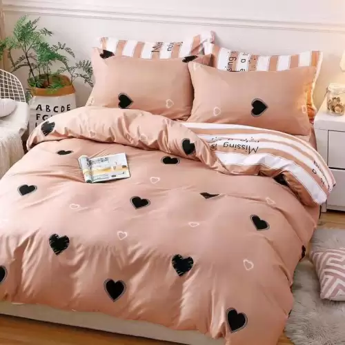 (OFERTA 3 la 199 Lei) Lenjerie pat dublu cu ELASTIC (160x200cm, 180x200cm), Finet Soft, 4 piese, Maro, inimioare