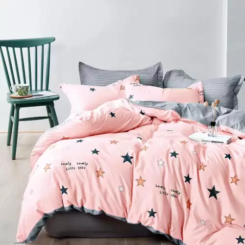 (OFERTA 3 la 219 Lei) Lenjerie pat dublu cu Elastic (160x200cm si 180x200cm), bumbac satinat, Roz, stelute