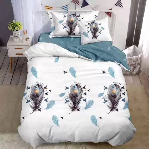 (OFERTA TRIO) Lenjerie pat 1 PERSOANA, FINET, 4 piese, cu ELASTIC, Alb-Bleu, pene