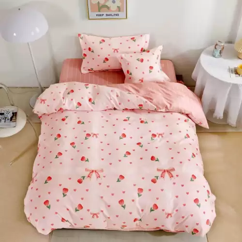 (OFERTA TRIO) Lenjerie pat 1 PERSOANA, FINET, 4 piese, cu ELASTIC, Roz, lalele, fundite, inimioare