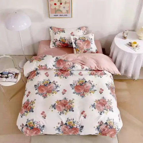 (OFERTA TRIO) Lenjerie pat 1 PERSOANA, FINET, 4 piese, cu ELASTIC, Roz pudra, flori