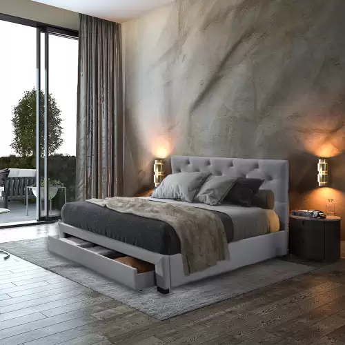 Pat tapitat, cu sertar depozitare si somiera fixa, 120x200, Lars, Gri