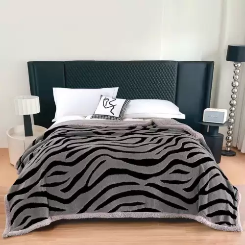 Patura Cocolino Groasa, cu Fermoar, din Blanita Sherpa, Gri, 200x230cm, Zebra, Gri inchis
