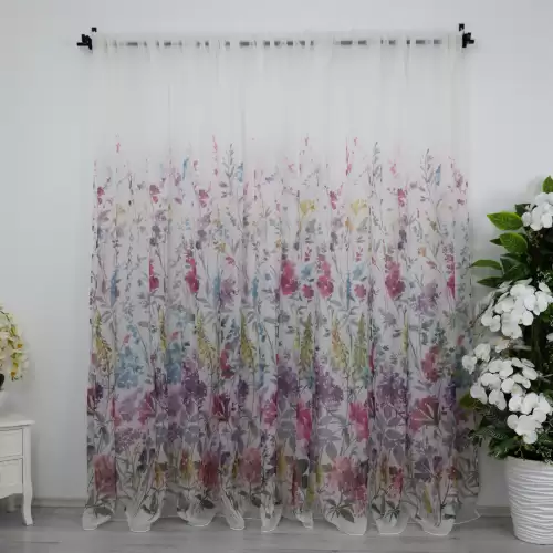 Perdea din matase imprimata, flori roz si mov, 140cm latime x 260cm inaltime, cu rejansa pt bara