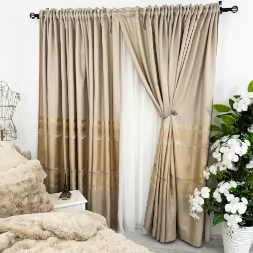 Set 2 Draperii Elite, tip panou 300cm x 232cm, rejansa pt bara, Bej cu Auriu