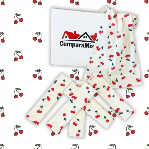 Set de 6 Prosoape Waffle, 30x50cm, pentru Bucatarie, Bumbac 100% Gofre, Atelier CumparaMisim, Alb, Rosu, cirese