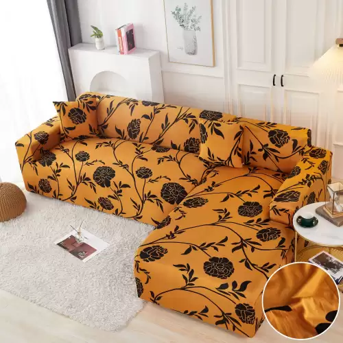 Set husa pentru coltar M + L, Elastica, Jojo Home, Mustar, flori