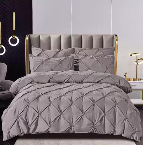 Set Lenjerie Pat 2 Persoane Bumbac Finet Uni cu Pliuri, 6 Piese, Fara Elastic