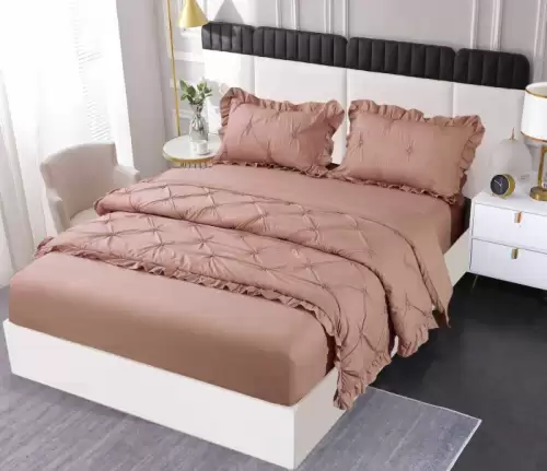 Set Lenjerie Pat Dublu, 4 Piese, Finet, cu Elastic, Pliuri si Volanase