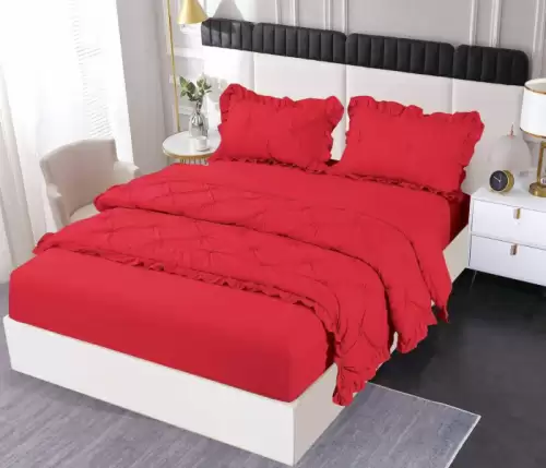 Set Lenjerie Pat Dublu, 4 Piese, Finet, cu Elastic, Pliuri si Volanase