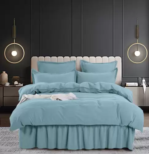 Set Lenjerie Pat Dublu, 6 Piese, Bumbac Finet Uni, cu Volanase