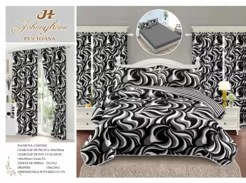 Set Lenjerie pat dublu cu Elastic (140x200cm) + 2 draperii, finet, 6 piese - Black White