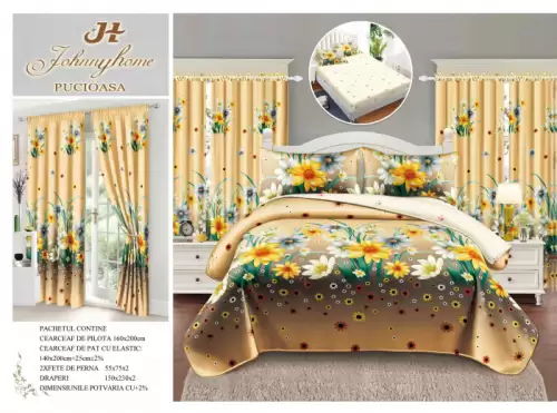 Set Lenjerie pat dublu cu Elastic (140x200cm) + 2 draperii, finet, 6 piese - Camp de flori