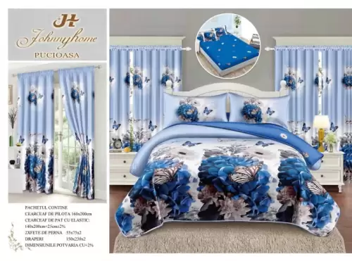 Set Lenjerie pat dublu cu Elastic (140x200cm) + 2 draperii, finet, 6 piese - Fluturi Zambile