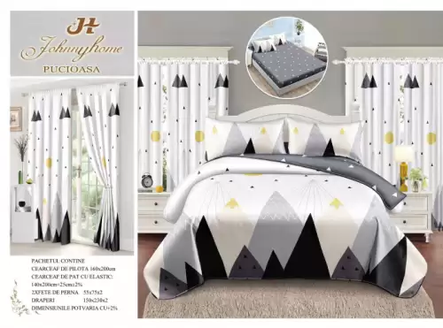 Set Lenjerie pat dublu cu Elastic (140x200cm) + 2 draperii, finet, 6 piese - Mountain