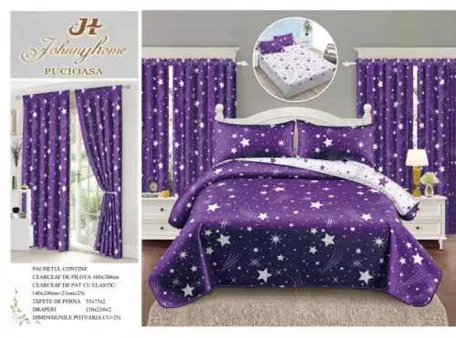 Set Lenjerie pat dublu cu Elastic (140x200cm) + 2 draperii, finet, 6 piese - Mov cu Stelute