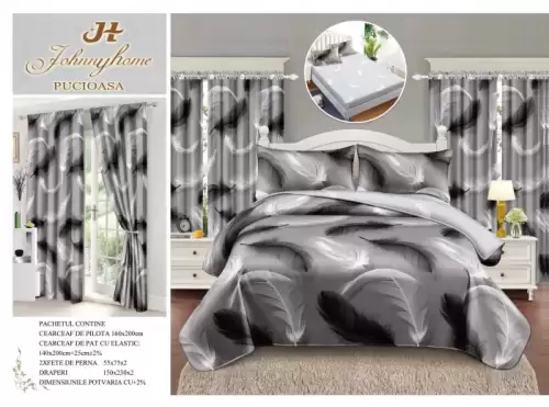 Set Lenjerie pat dublu cu Elastic (140x200cm) + 2 draperii, finet, 6 piese - Pene Gri
