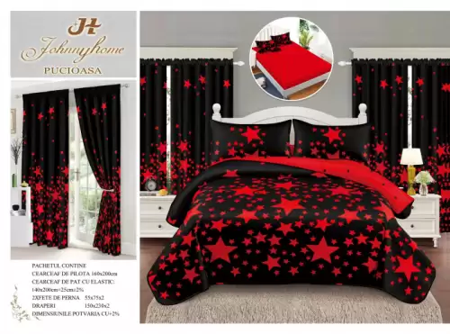 Set Lenjerie pat dublu cu Elastic (140x200cm) + 2 draperii, finet, 6 piese - Stelute Rosii