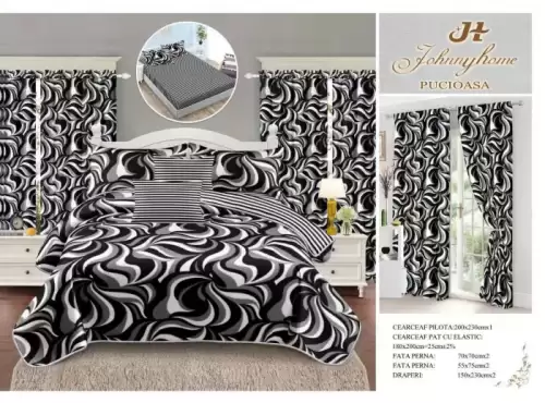 Set Lenjerie pat dublu cu Elastic + 2 draperii, finet, 8 piese - Black White