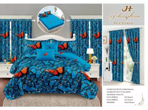 Set Lenjerie pat dublu cu Elastic + 2 draperii, finet, 8 piese - Fluturi Rosii Turcoaz