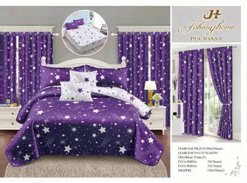 Set Lenjerie pat dublu cu Elastic + 2 draperii, finet, 8 piese - Mov cu Stelute