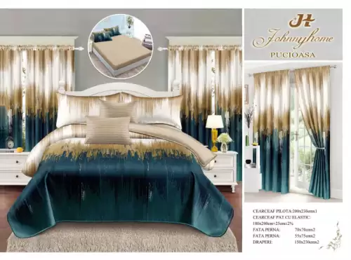 Set Lenjerie pat dublu cu Elastic + 2 draperii, finet, 8 piese - Ombre