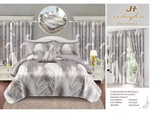 Set Lenjerie pat dublu cu Elastic + 2 draperii, finet, 8 piese - Pene Gri