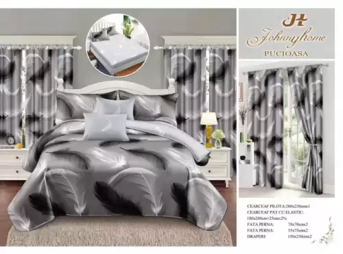 Set Lenjerie pat dublu cu Elastic + 2 draperii, finet, 8 piese - Pene Gri