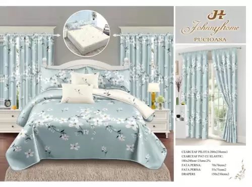 Set Lenjerie pat dublu cu Elastic + 2 draperii, finet, 8 piese - Verde menta